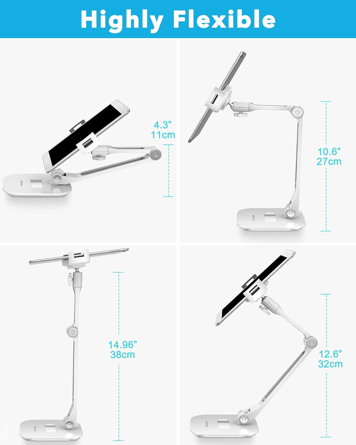 Ipad Stand Holder, Multi-Angle Adjustable Tablet Stand, 360° Swivel Ipad Stand Aluminum Desk Mount Fits 4”-11"(Diagonal) Ipad/Mini/Air/Pro for Business Kiosk Office – White