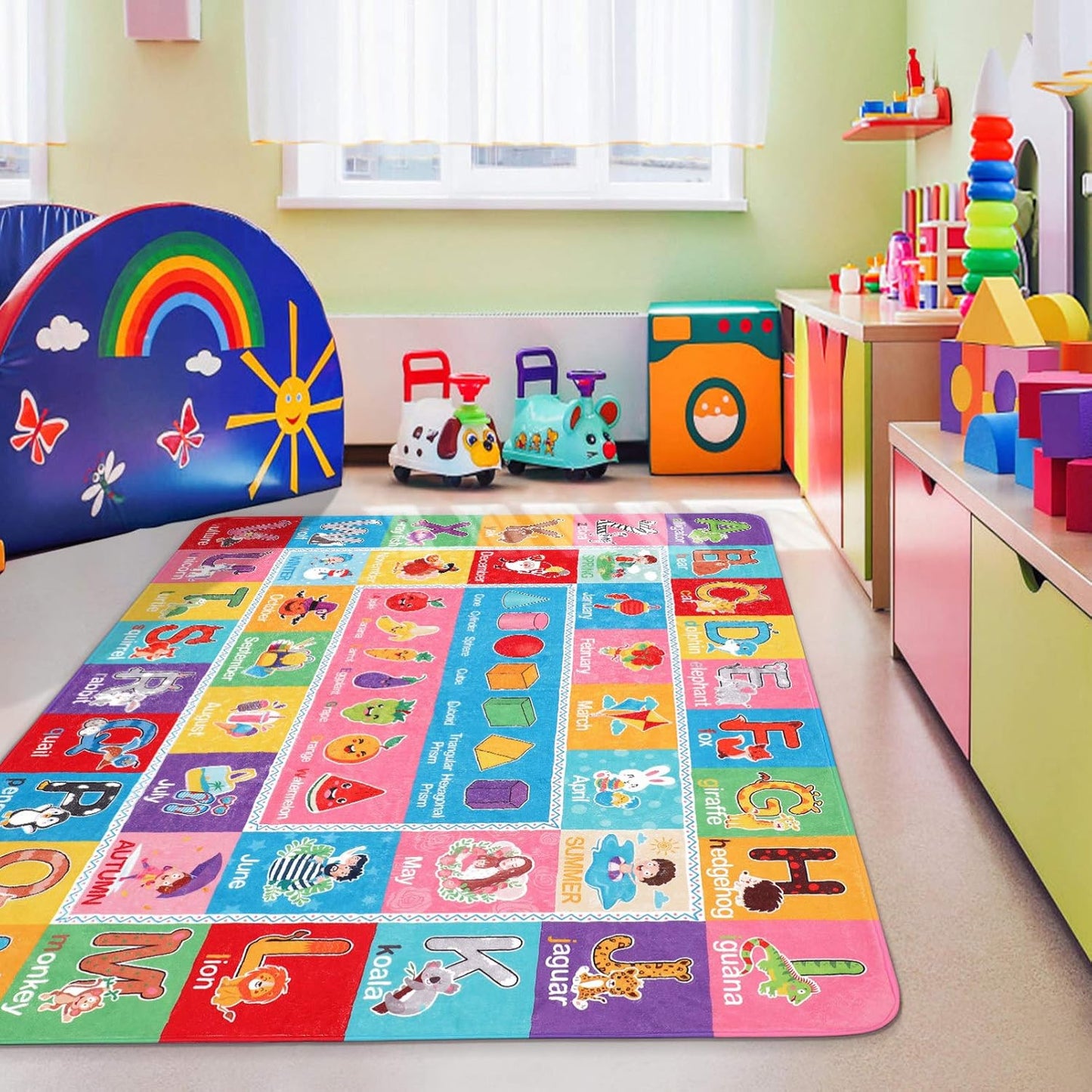 Baby Carpet Baby Playmat Educational Area Rug Kids Alphabets ABC, Words and Shapes Learning Area Rug Carpet Kids Play Rug for Bedroom Playroom, 55.1X43.3 in Baby Floor Mats Washable Kids Rug