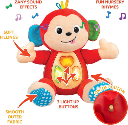 Musical Monkey Plush Toy - Soft Stuffed Animal with Light-Up Buttons and Melodic Nursery Songs for 3+ Month Old Babies