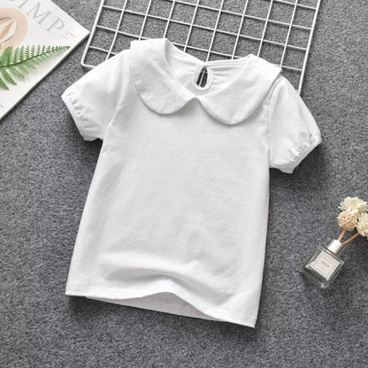 Summer School Girls Striped T-Shirts Short Sleeve Cotton T Shirt Baby Toddler Girl White Blouse Shirt Kids Tops Children Clothes