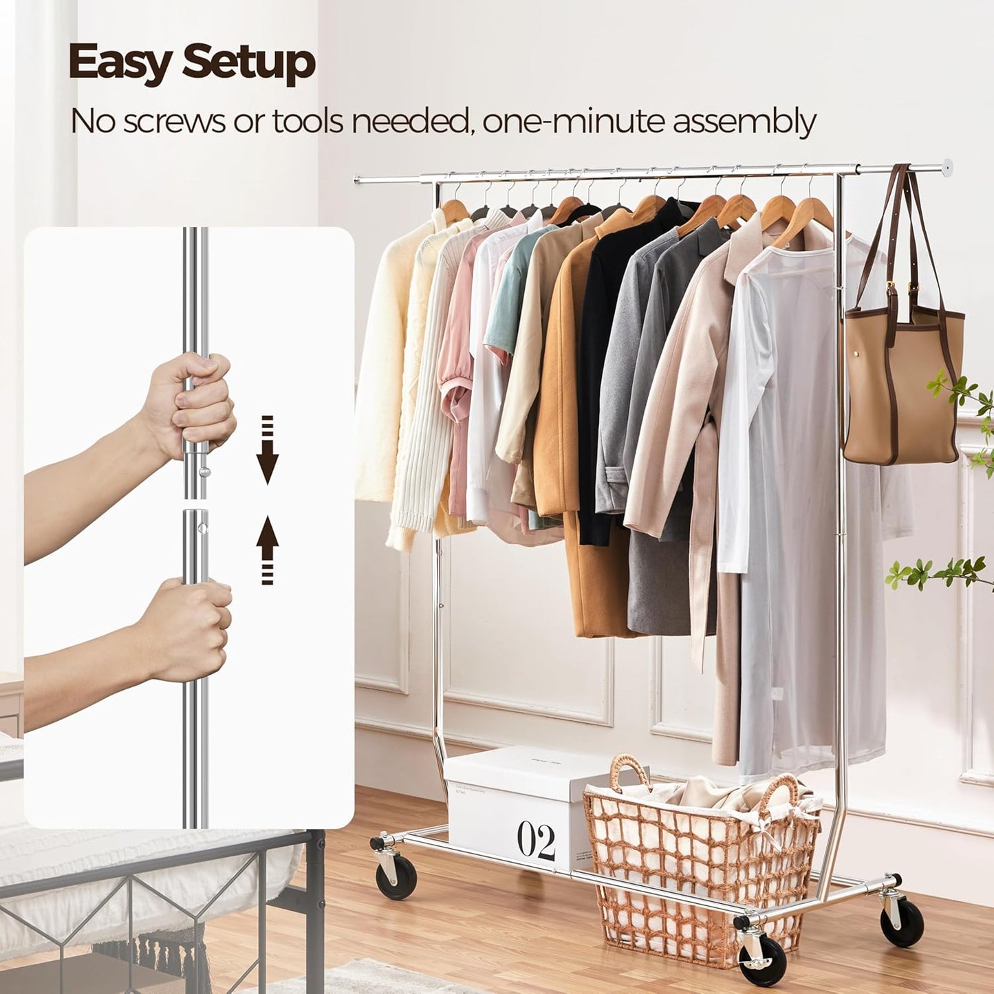 Commercial Clothing Garment Racks on Wheels, Grade Single Rod Adjustable Height Clothes Rack on Wheels for Hanging Clothes, Heavy Duty Upright Clothes Rack with Wheels, Silver