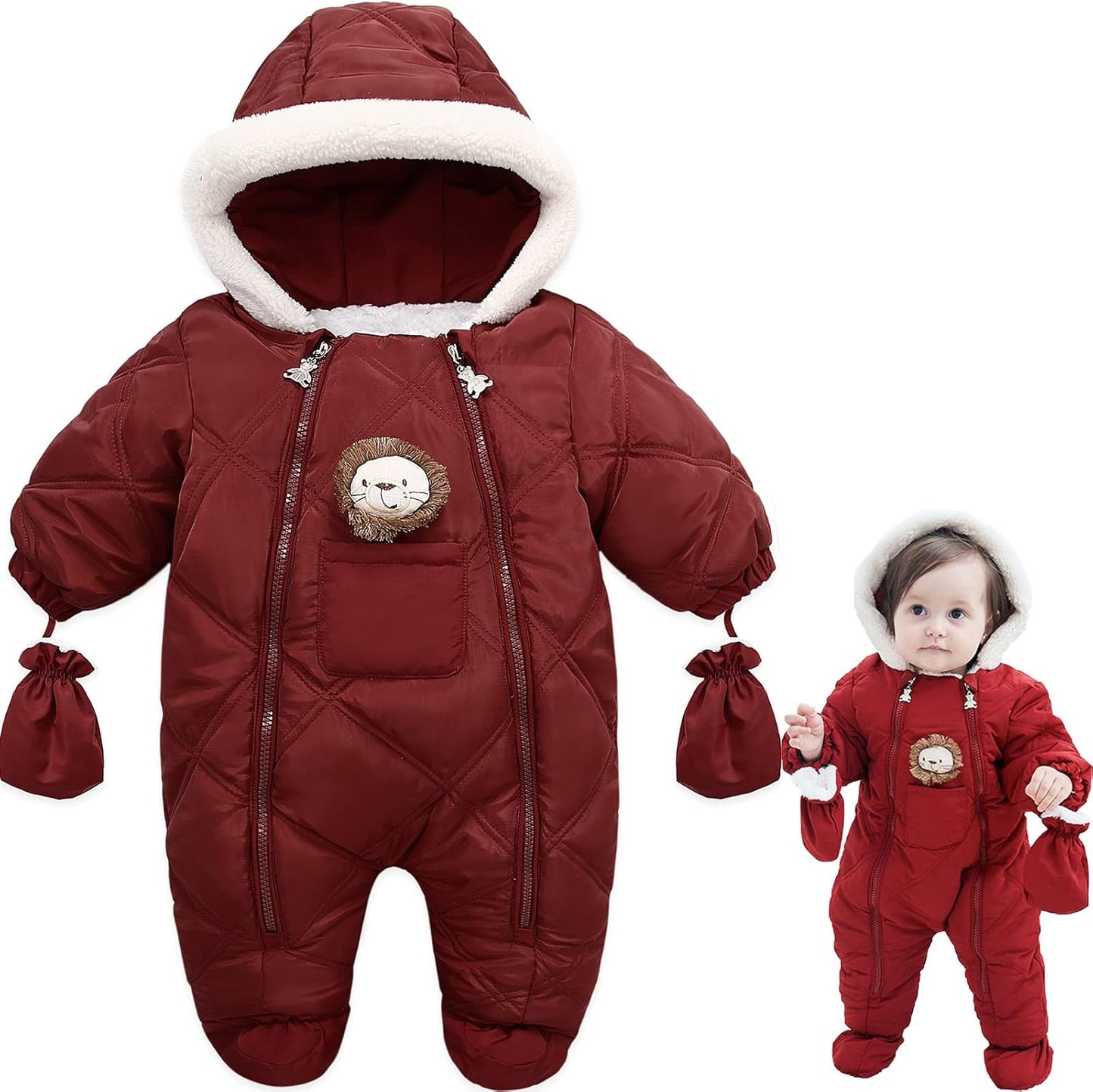 Baby Winter Warm Puffer Solid Zipper Romper Hooded Snowsuit with Mittens and Shoes