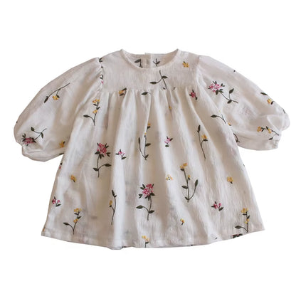 Toddlers Kids Princess Dresses Embroidery Floral Puff Sleeve Baby Girls Loose Cotton Dress 2024 Spring Children Clothes