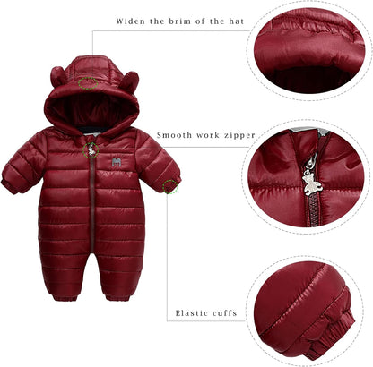 Toddler Boys Girls Candy Cute Bear Jumpsuit Cotton Snow Suits for Babies Baby Winter Coat Extra Long Zipper Outfit Suit Red Wine for 18-24 Months (M6)