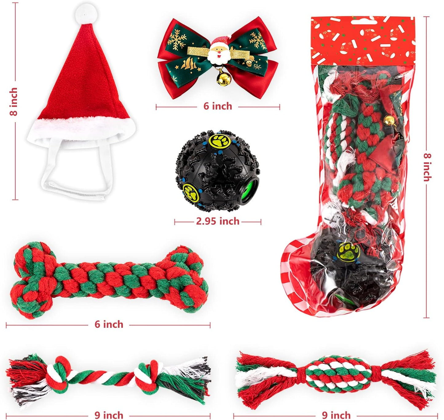 Dog Christmas Stocking Toys with 1 Squeaky Dog Toy, 2 Kinds of Clothing (Christmas Hat, Bow Tie) and 3 Dog Chew Rope