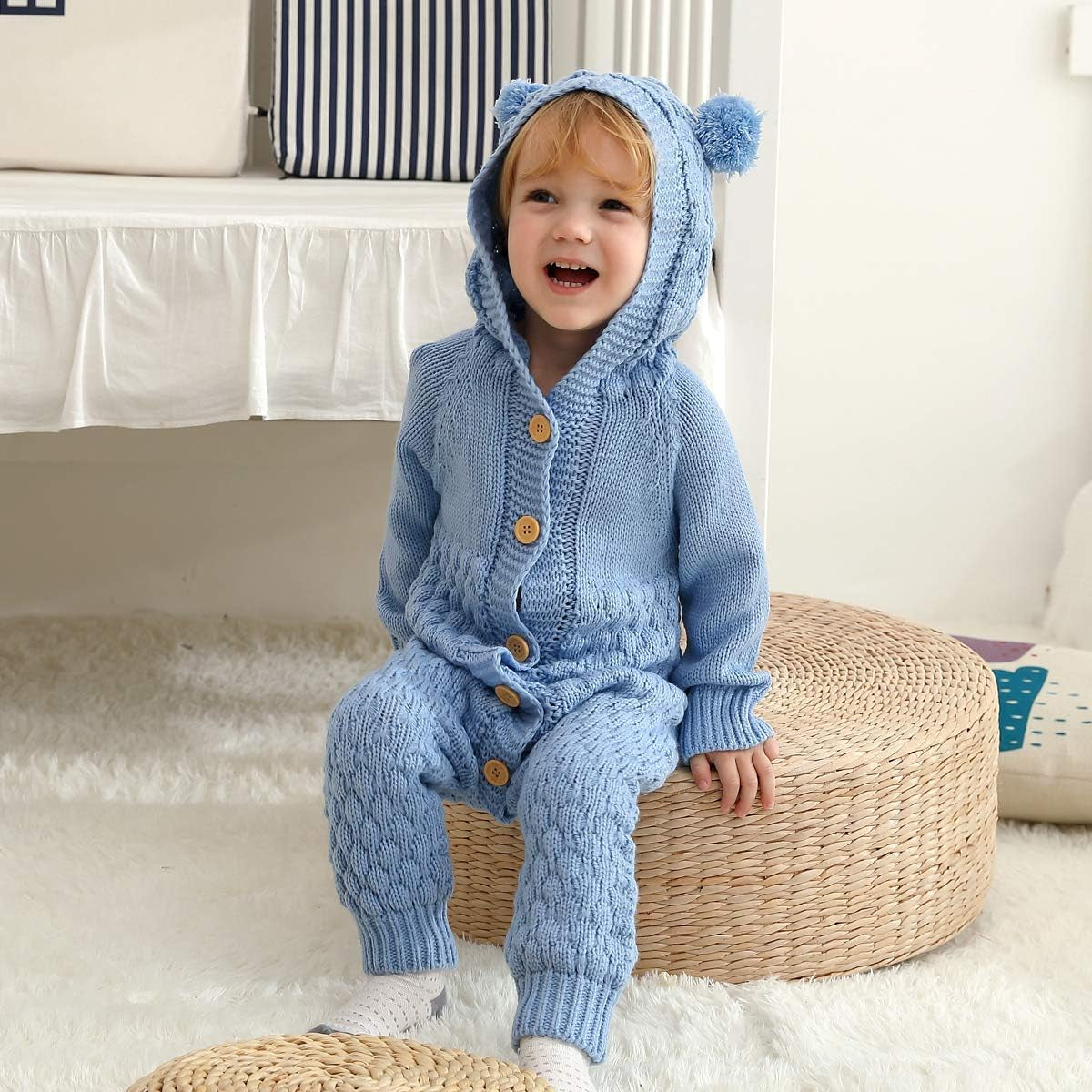 Newborn Baby Hooded Knitted Sweater Romper Fleece Lining Bodysuit Winter Snowsuit for Boy Girl