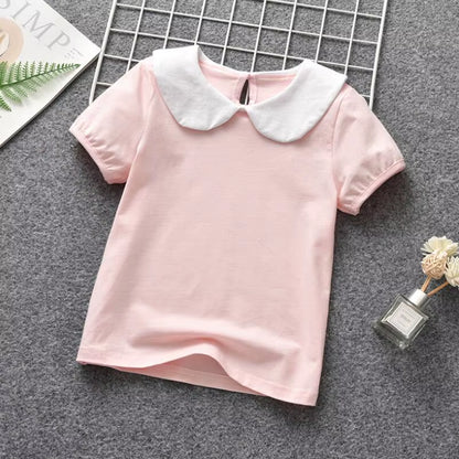 Summer School Girls Striped T-Shirts Short Sleeve Cotton T Shirt Baby Toddler Girl White Blouse Shirt Kids Tops Children Clothes