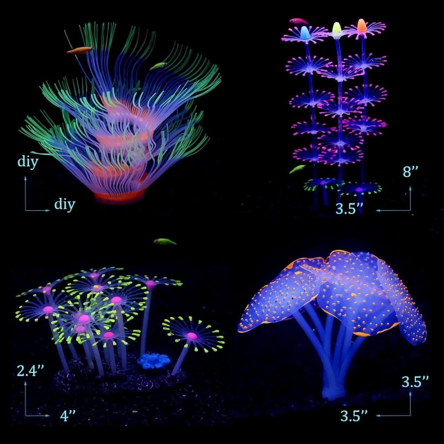 Glowing Aquarium Decorations 4(PCS) Fish Tank Decorations Accessories Glowing Silicone Plants Green 9.5 Oz