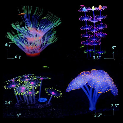 Glowing Aquarium Decorations 4(PCS) Fish Tank Decorations Accessories Glowing Silicone Plants Green 9.5 Oz