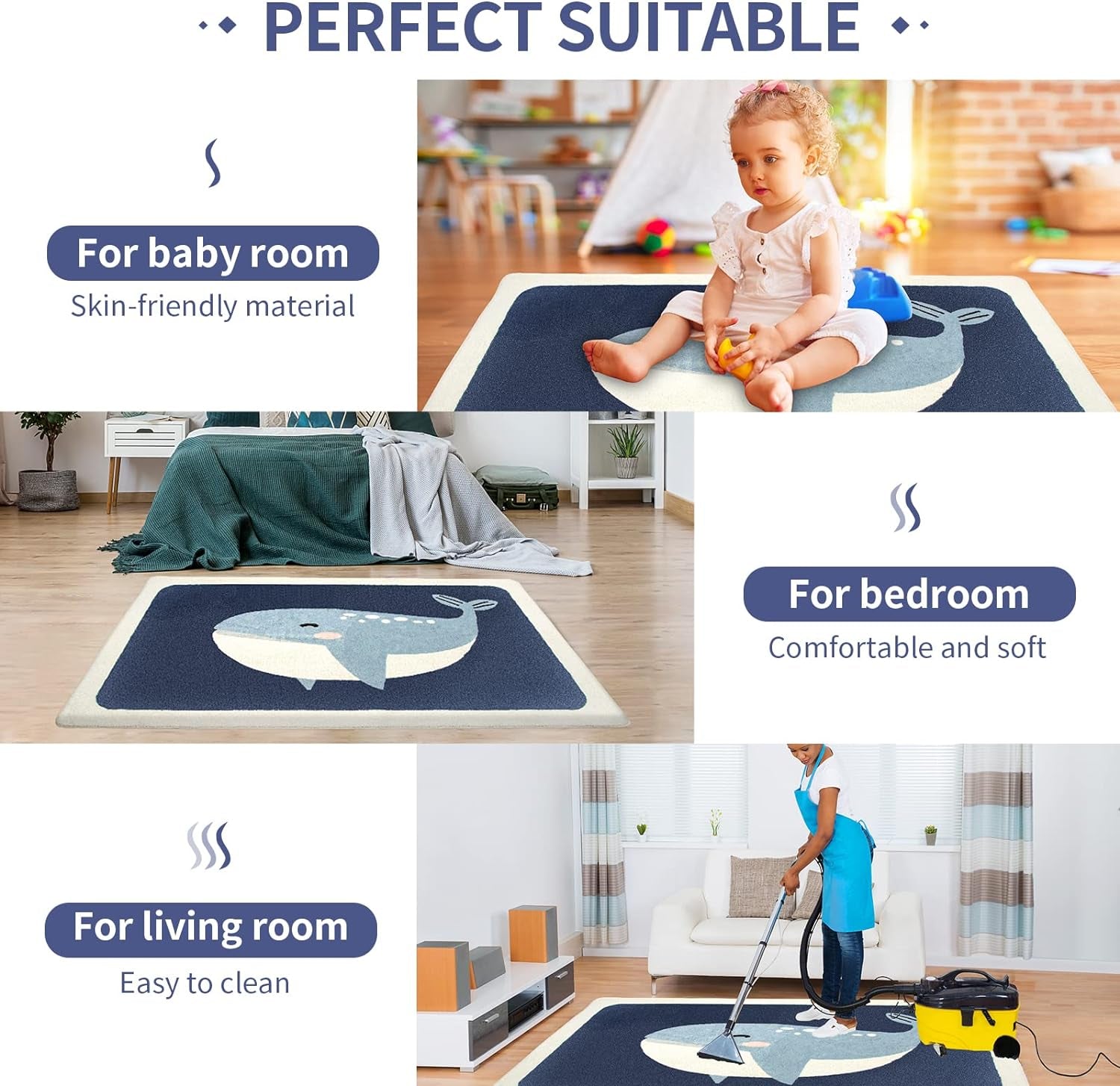 Kids Rug Play Mat Ultra Soft Rugs for Kids Room, 3'X5' Non Slip Cute Animals Children Nursery Rug Baby Rug Kids Carpet Area Rugs for Bedroom Playroom Living Room Bathroom (Blue Whale, 35"X59")