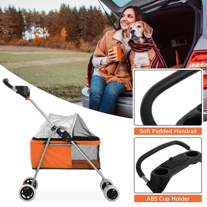 Dog Stroller Pet Stroller 4 Wheels Traveling Folding Lightweight Pet Carrier for 2 Medium Small Dogs & Cats Portable Strolling Jogger Trolley with Cup Holders and PVC Wheel Brake, Orange