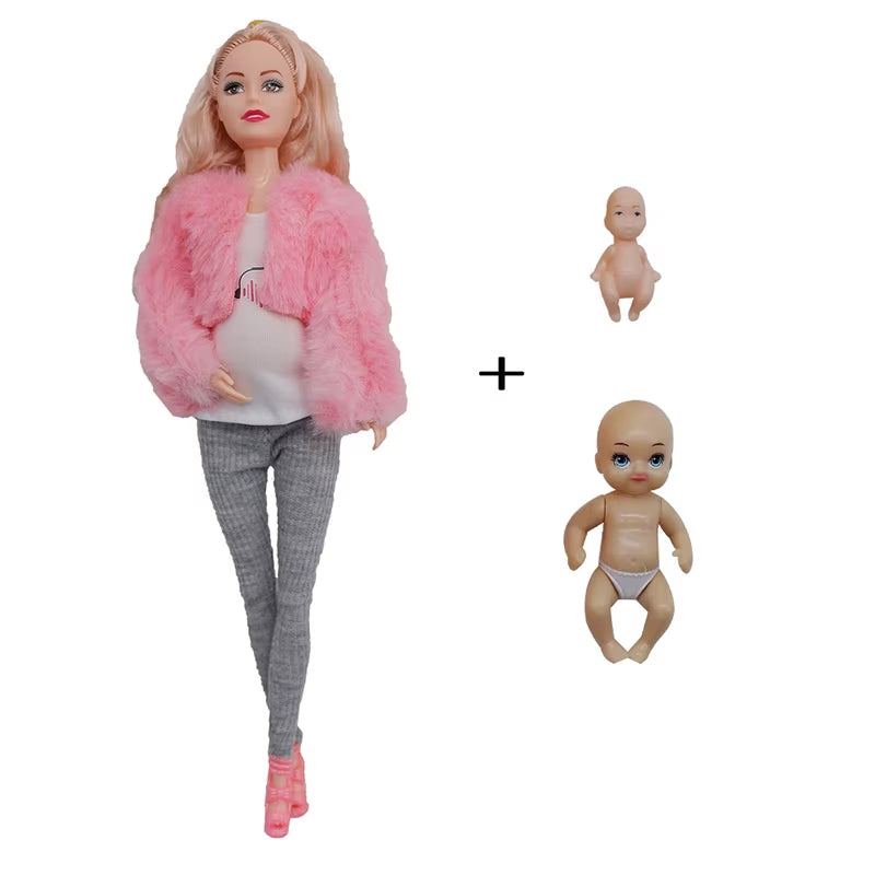 Educational Toy Pregnant Dolls for Children with Two Babies and Random Shoes Accessories Fashion Clothes Gift for Girl Games