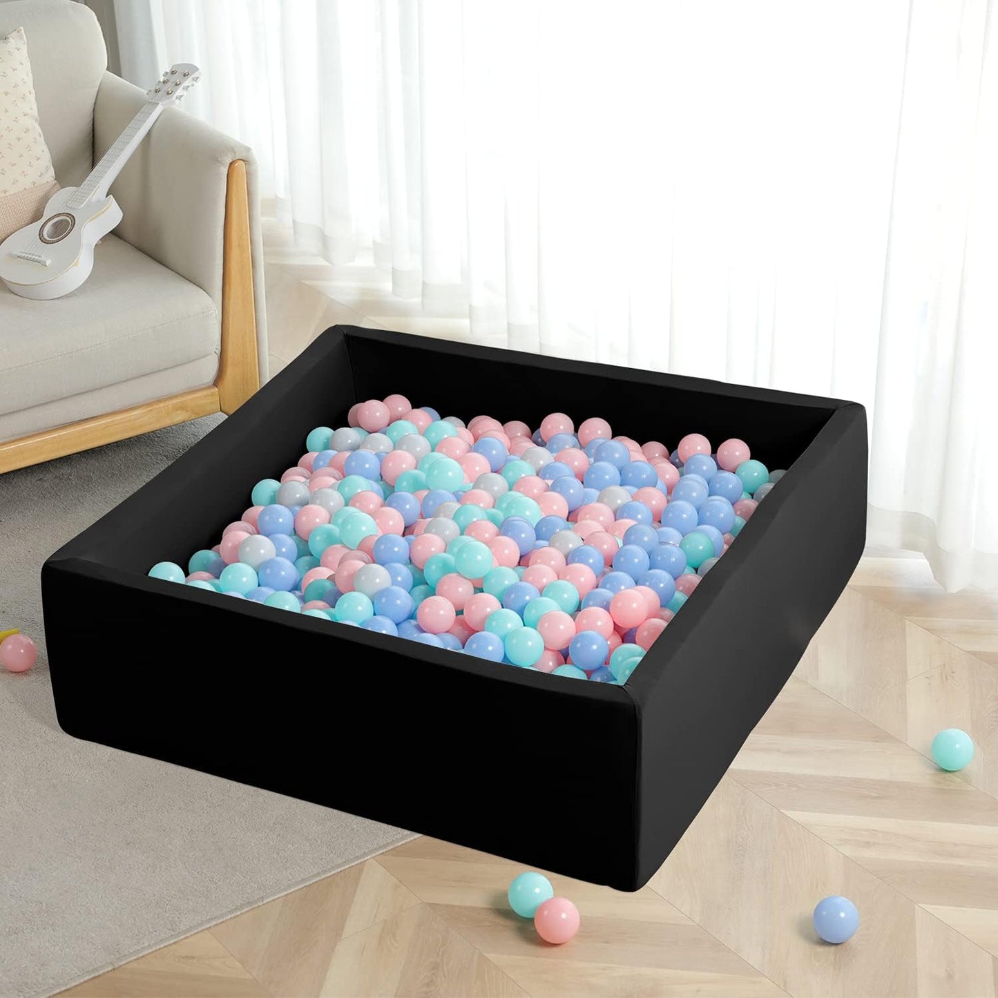 Extra Large Ball Pit 47.2X47.2X13.8In Foam Ball Pit Balls Kids Ball Pits for Toddlers Babies Balls NOT Included - Black