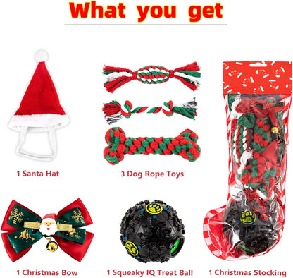 Dog Christmas Stocking Toys with 1 Squeaky Dog Toy, 2 Kinds of Clothing (Christmas Hat, Bow Tie) and 3 Dog Chew Rope