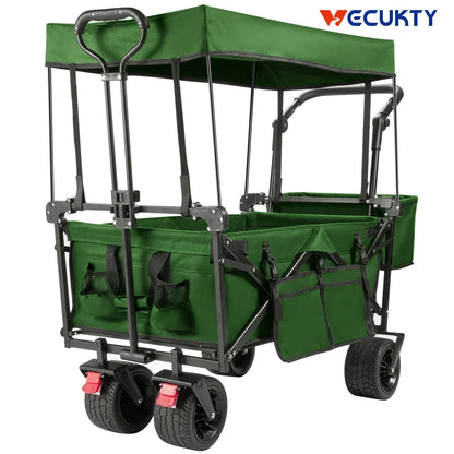 Collapsible Beach Wagon Cart with Removable Canopy,  Foldable Wagon Utility Carts with Fat Wheels and Rear Storage, for Garden Camping Grocery Shopping Cart,Green