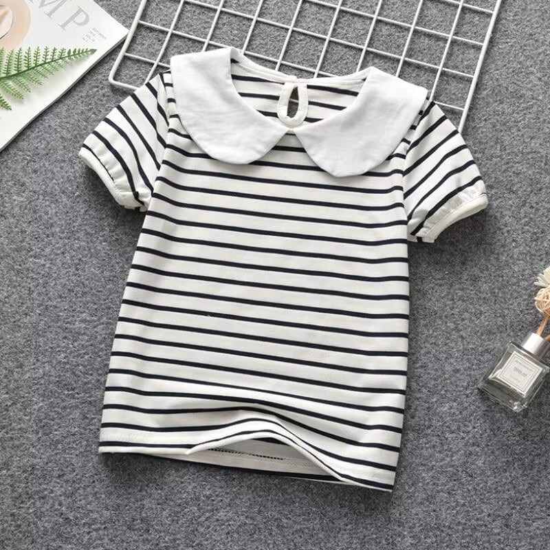 Summer School Girls Striped T-Shirts Short Sleeve Cotton T Shirt Baby Toddler Girl White Blouse Shirt Kids Tops Children Clothes