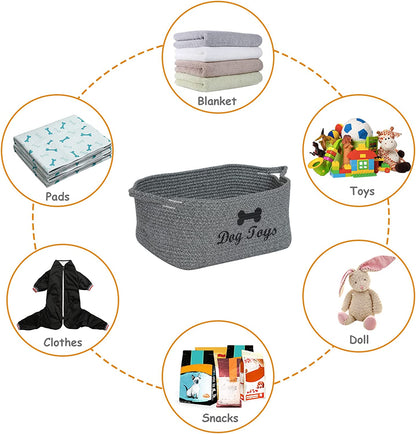 Weave Rope Toy Storage Basket Bin Dog Toy Storage Basket Basket Dog Toys Baske -Cube Organizer for Closet,Small Toys,Towels-Mixed Gray-Dog