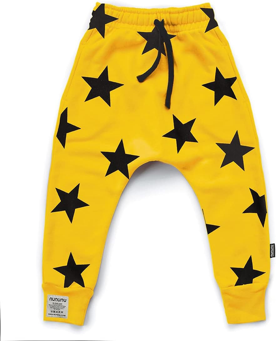 Kids Baggy Pants, Unisex Cotton Harem for Boys and Girls, Yellow - Star, 10-11 Years