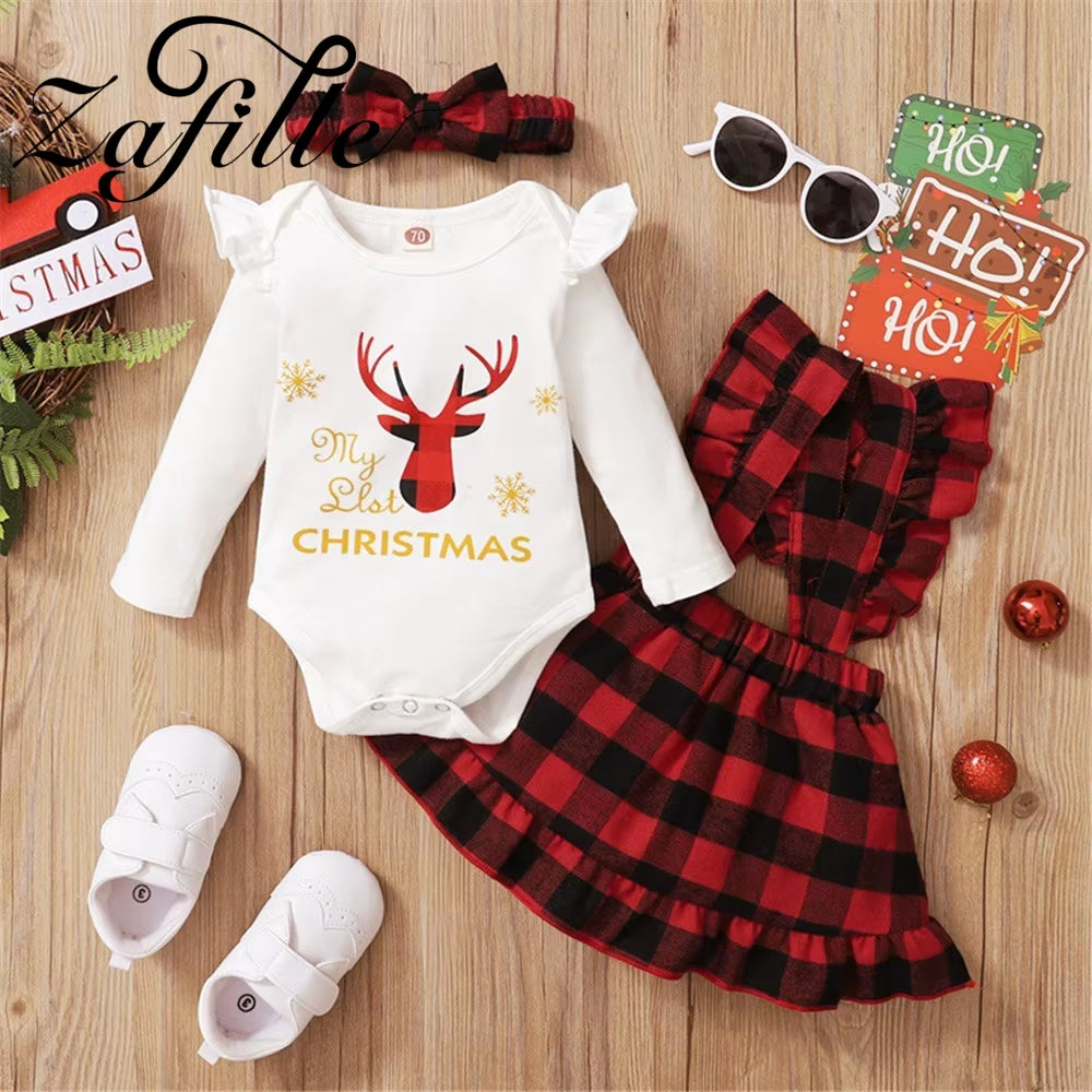 My First Christmas Costume for Baby Girl Clothes Set Red Plaid Suspender Dress Party New Year Clothes for Babies