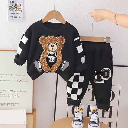 Spring Baby Girl Boy Embroidery Clothes Set Children Sports Cartoon Bear Sweatshirt Top and Pants Bottom Suit Cotton Tracksuit