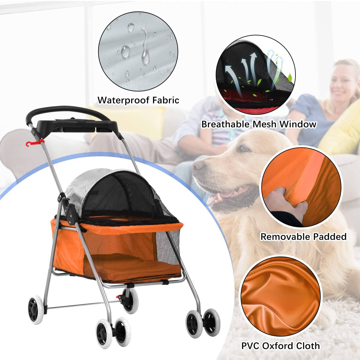 Dog Stroller Pet Stroller 4 Wheels Traveling Folding Lightweight Pet Carrier for 2 Medium Small Dogs & Cats Portable Strolling Jogger Trolley with Cup Holders and PVC Wheel Brake, Orange