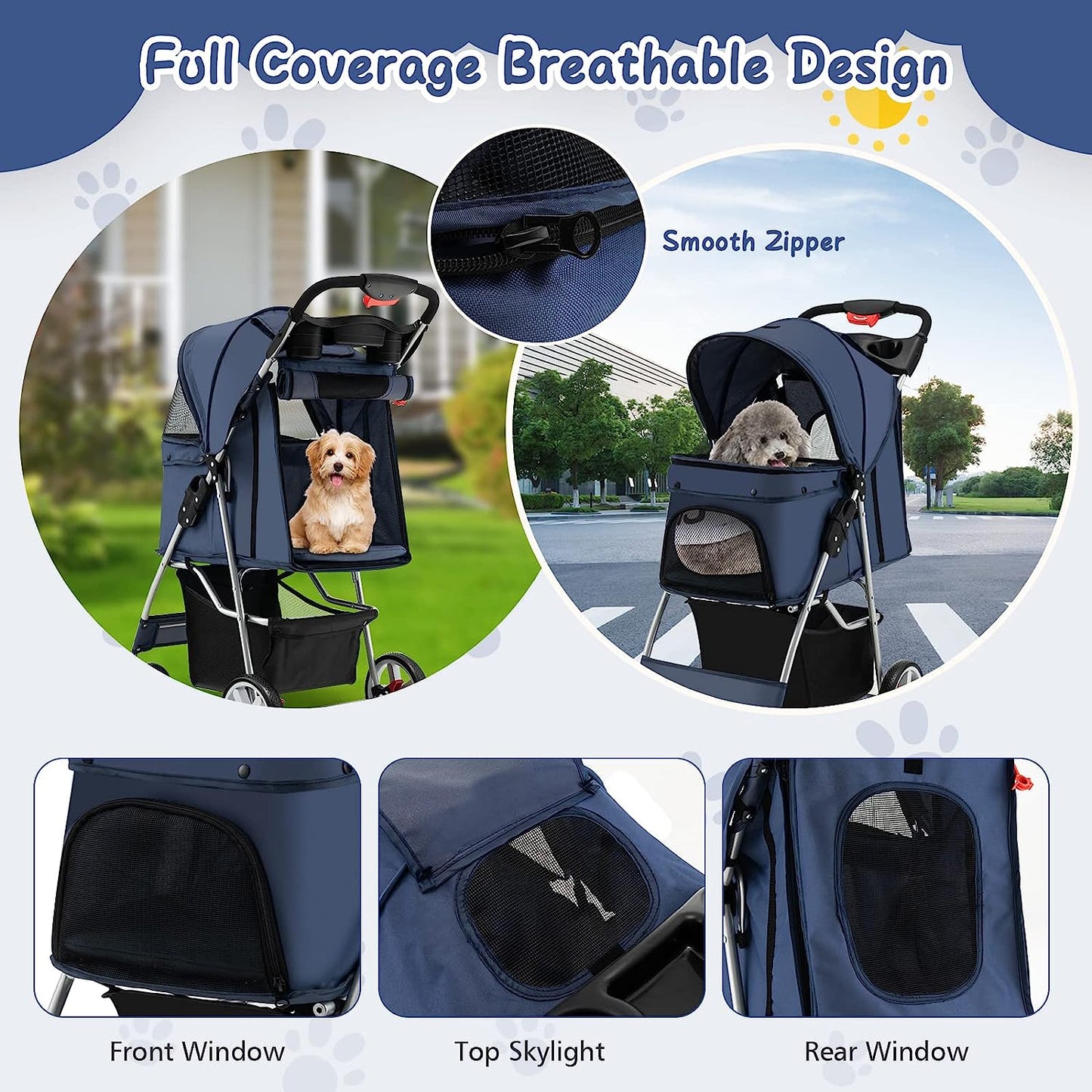 Folding Dog Stroller, Pet Stroller for Small Medium Dogs & Cats, Dog Stroller Travel Carrier with 4 Lockable Wheels, Cup Holder, Removable Liner and Storage Basket