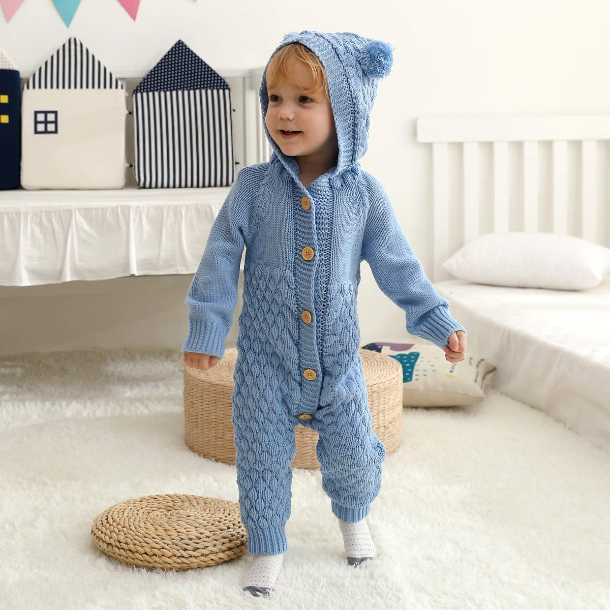 Newborn Baby Hooded Knitted Sweater Romper Fleece Lining Bodysuit Winter Snowsuit for Boy Girl