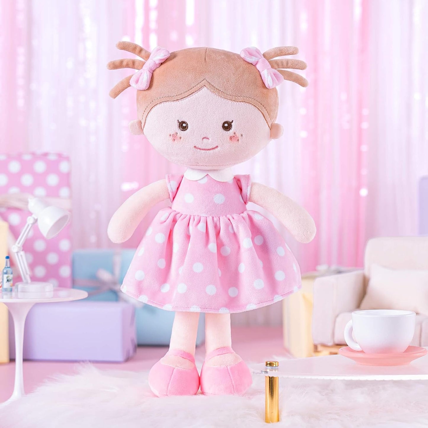 Plush Rag Doll Sleeping Cuddle Buddy Doll Soft Baby Doll for Girls First Baby Doll Wear Pink Skirt Dress 14"（Milly Series）