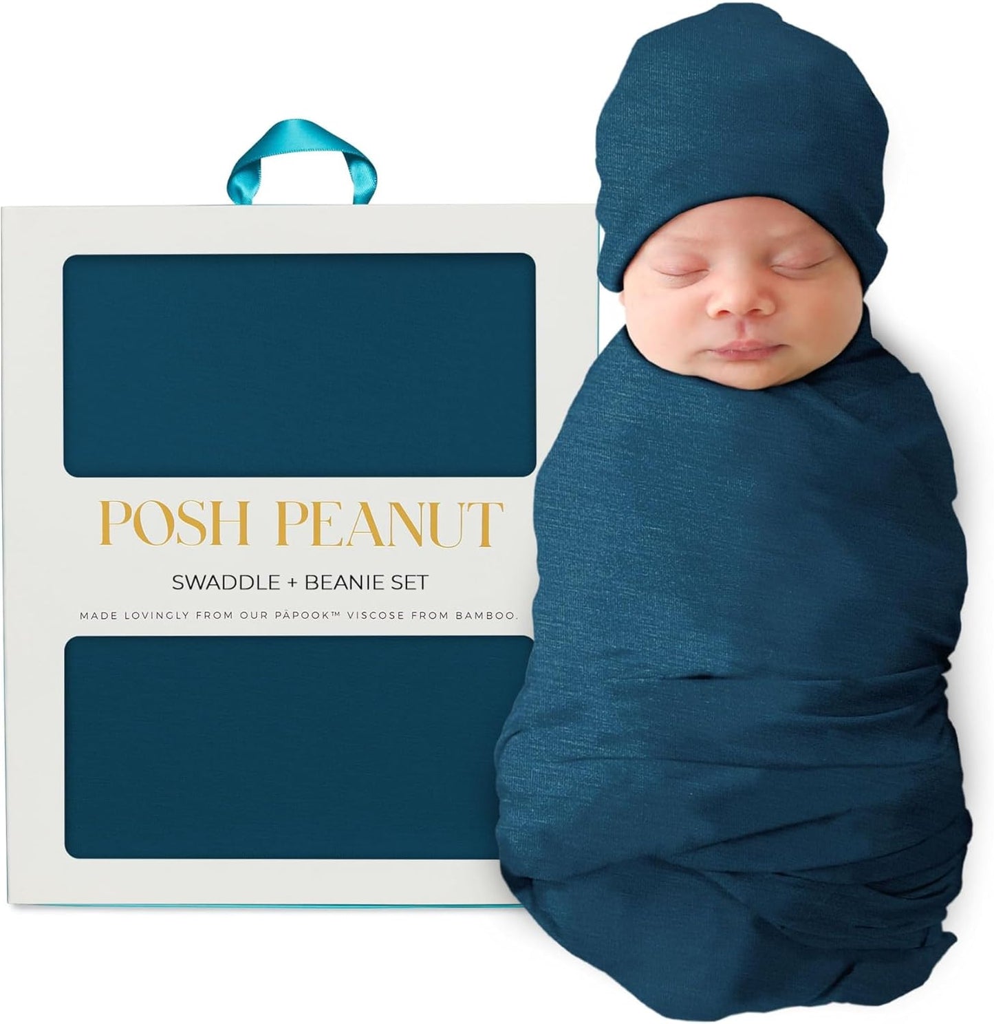 Swaddle Blanket + Beanie Set - Soft Newborn Swaddle Doubles as a Stroller, Receiving Blanket & Nursing Cover - Matching Breathable Baby Swaddles & Beanies for Everyday (Sailor Blue)