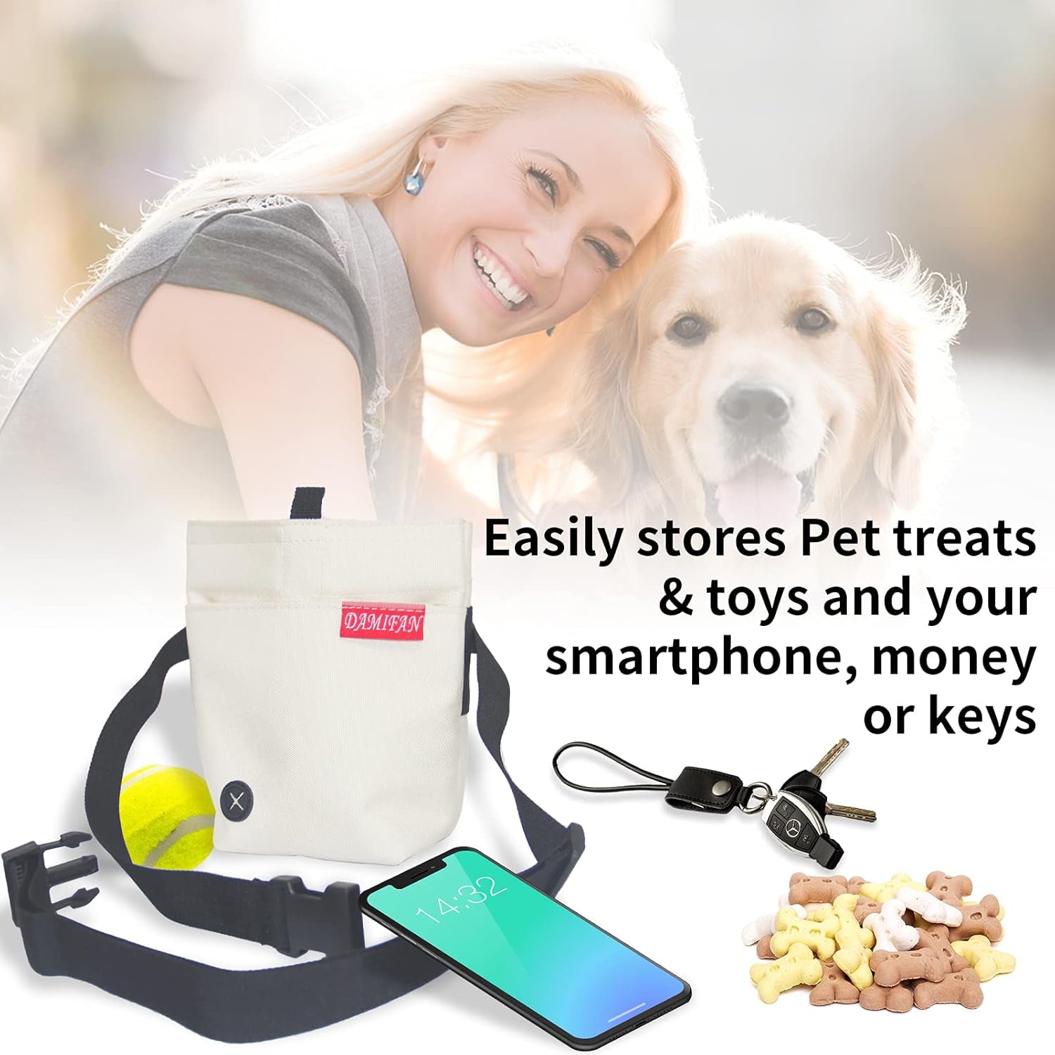 Pet Supplies Dog Treat Pouch with Adjustable Waist Belt，Large Capacity & Multi-Purpose Puppy Pouch Bag to Carry Dog Training Treats and Toys for Training,Walks and Outings(Beige White)