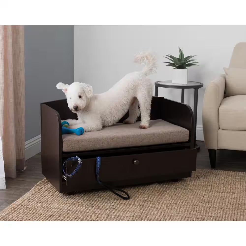 31.5 In. W Pet Toy Storage Pull-Out Drawer with Sofa Bed, Espresso Melamine Finish and Sand Brown Removable Cushion