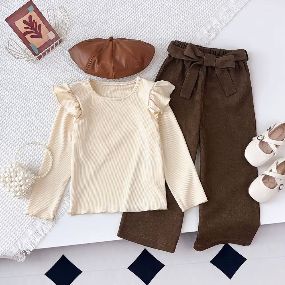 3 4 5 6 7 Year Old Autumn and Winter Long Sleeved round Neck Top+Brown Long Pants Children'S Two-Piece Sets Kids Clothes Girls