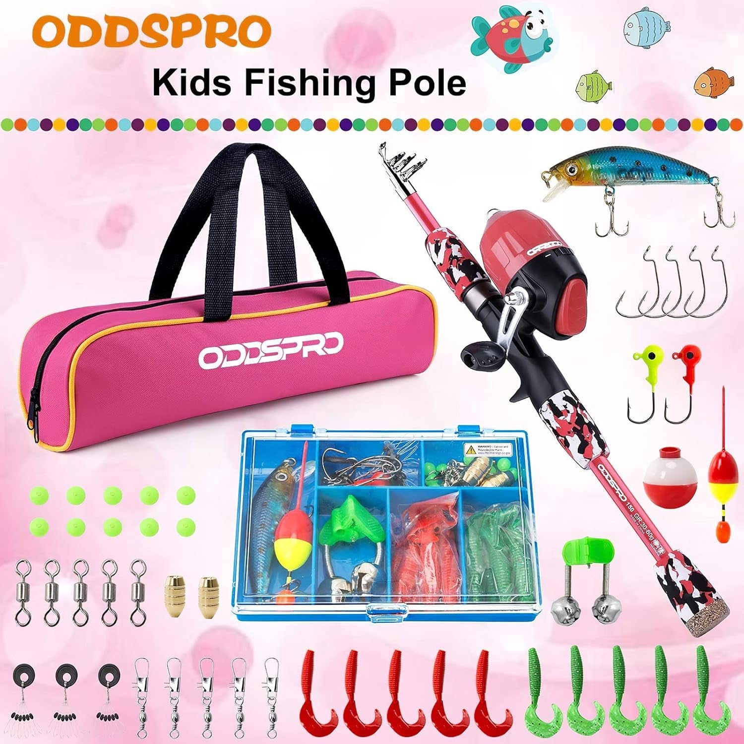 Kids Fishing Pole Pink, Portable Telescopic Fishing Rod and Reel Combo Kit - with Spincast Fishing Reel Tackle Box for Girls, Youth