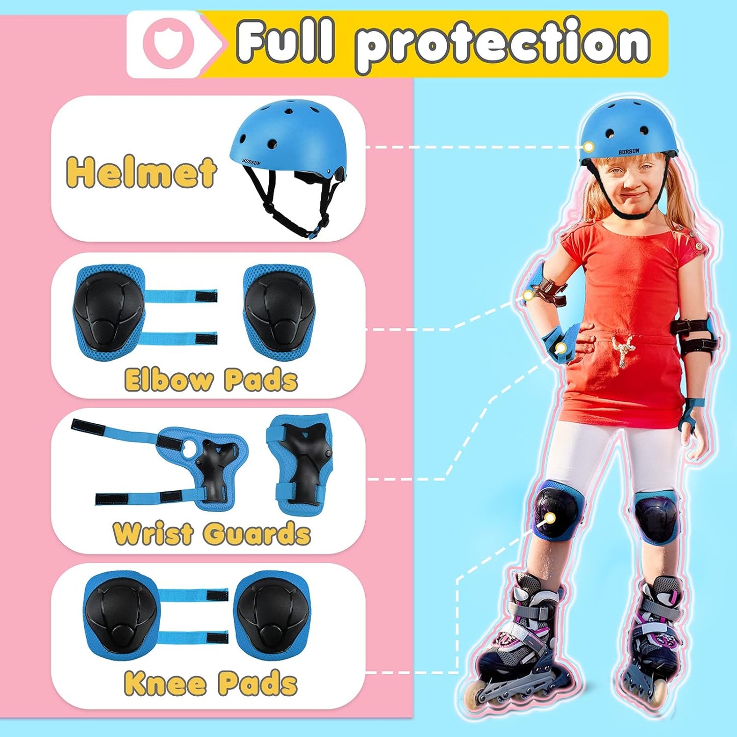 Kids Bike Helmet Set, Adjustable Toddler Helmet for Ages 2-8 Kids with Knee, Elbow & Wrist Pads | Multi-Sport Helmet for Skateboard Cycling Scooter Rollerblading