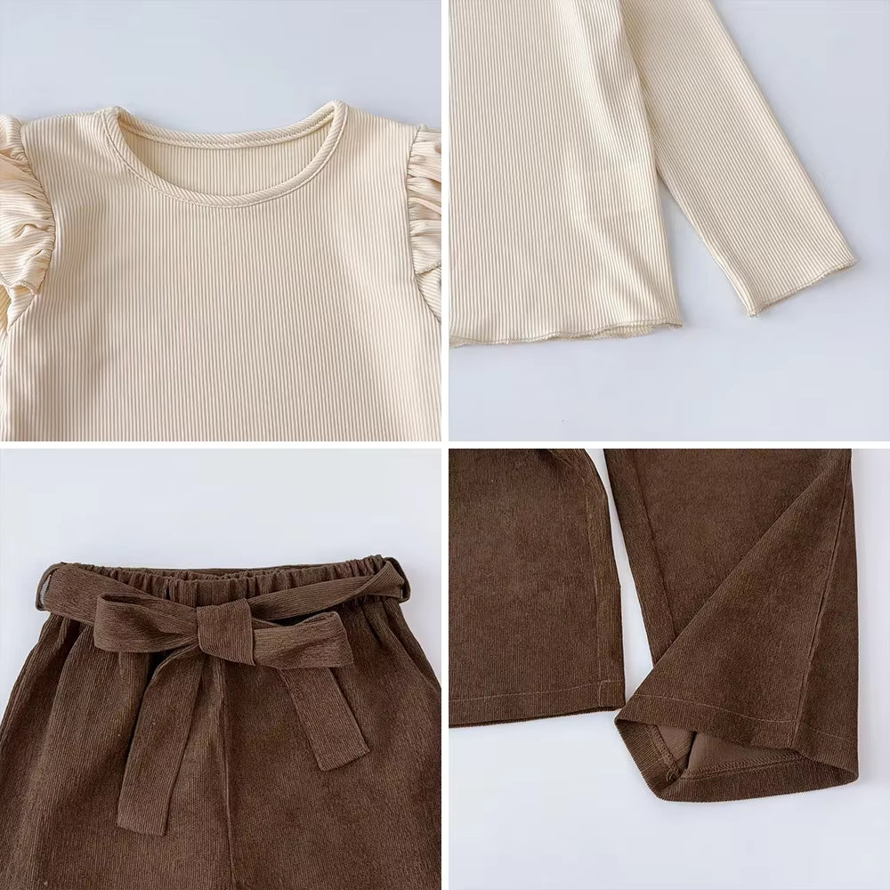 3 4 5 6 7 Year Old Autumn and Winter Long Sleeved round Neck Top+Brown Long Pants Children'S Two-Piece Sets Kids Clothes Girls