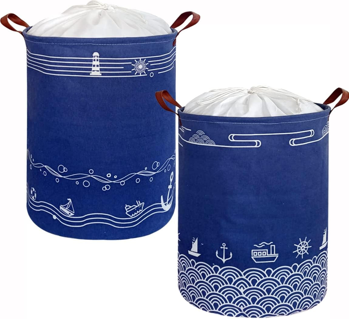 DDBASKE 2Pack T Large Drawstring Laundry Basket Collapsible Toy Storage Bin with Lid Clothes Hamper with Handles for Kids,Boys and Girls,Nursery Hamper(Blue Wave)