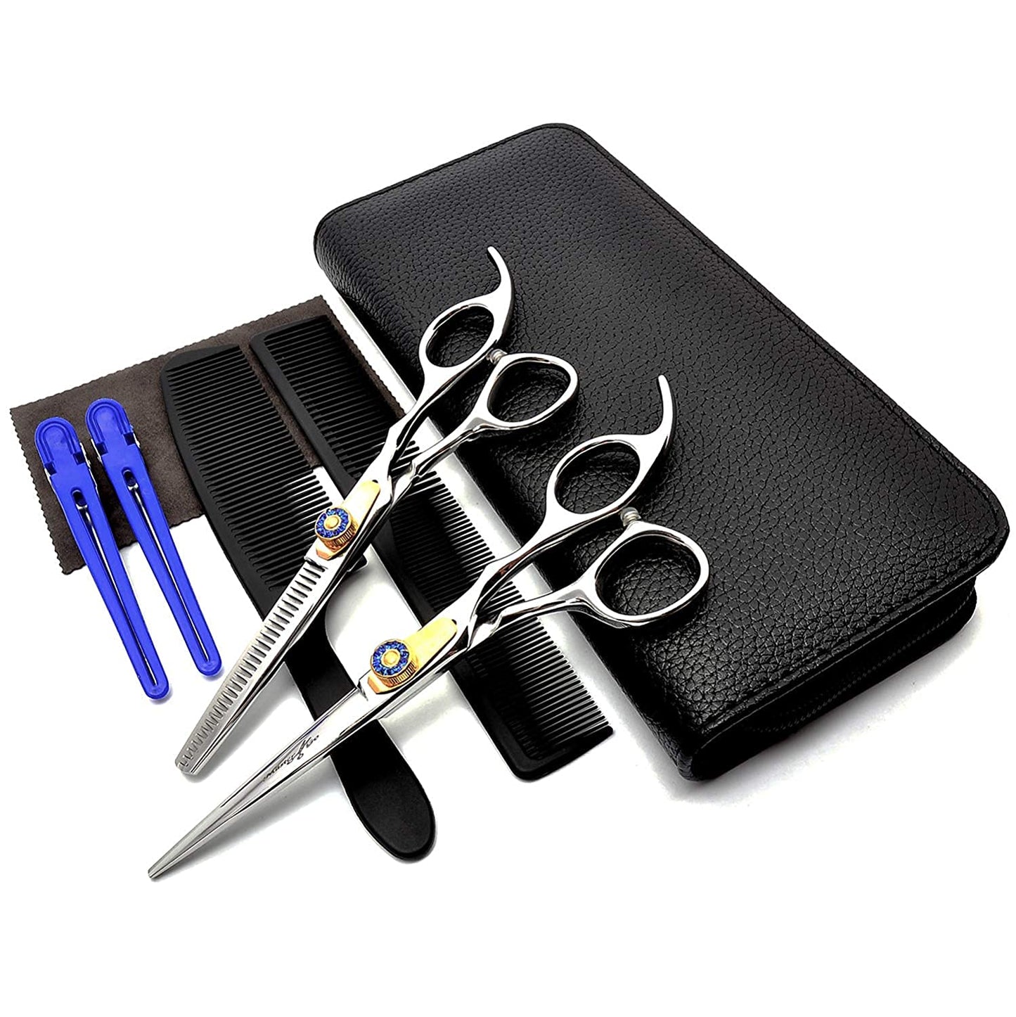 Professional Hair Cutting Scissors Kit 8 Pcs,Stainless Steel Barber Haircut Shears Thinning Scissors Hairdressing Set for Salon Home Use Man Woman Adults Kids (Blue)