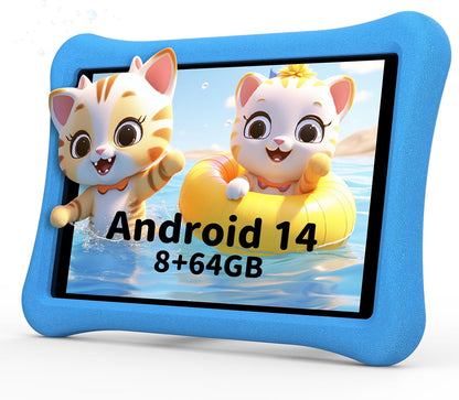 Kids Tablet for Kids 3-7: 10 Inch Android 14 8GB RAM 64GB ROM Toddler Tablet for Kids 8-12 with Bluetooth Wifi Parental Control, Dual Camera, GMS, Shockproof Case (Blue, 8G+64G)