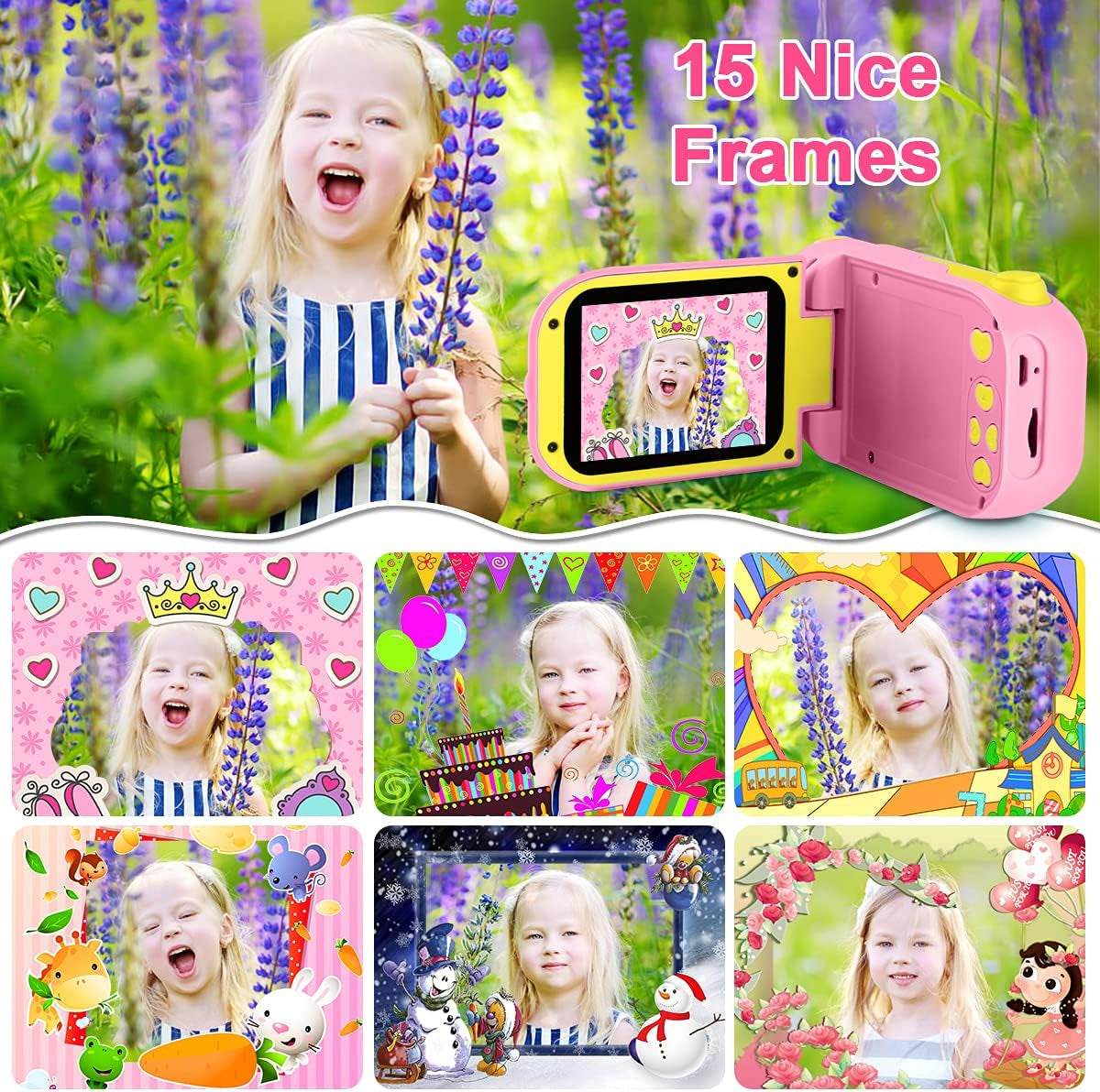 Kids Video Camera - Digital Camera Camcorder Birthday Gifts for Girls Age 3 4 5 6 7 8 9, Children Video Recorder for Toddler with 32GB SD Card - Light Pink