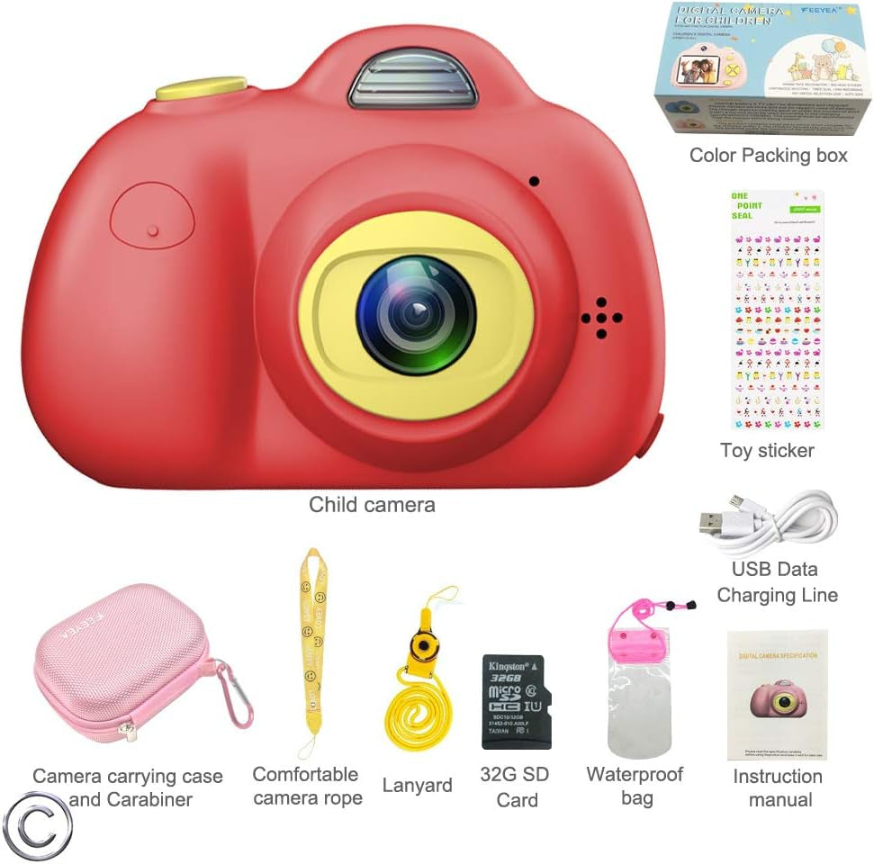 Kids Camera for 5-10 Year Old Girls,Compact Kids Camera with Carrying Case and 18 Million Pixelsl Dual Lens 2.0 Inch HD Screen with Mic,Red(32Gb TF Card Included)