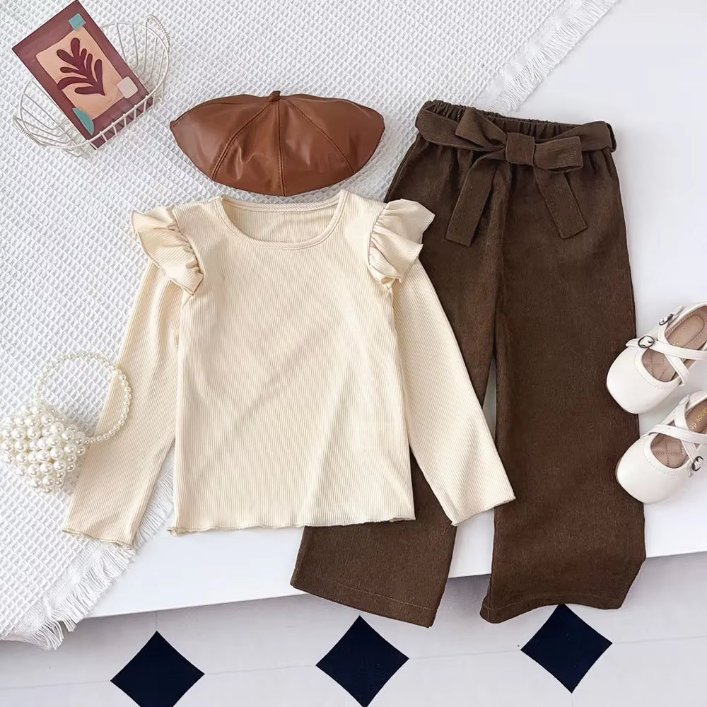 3 4 5 6 7 Year Old Autumn and Winter Long Sleeved round Neck Top+Brown Long Pants Children'S Two-Piece Sets Kids Clothes Girls